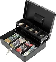 Alpen Cash Box Metal Money Box with Tray & Key Lock, Tiered Locking Cash Safe Boxes, Durable Lock Box with Key, 4 Bill 5 Coin Slots for Dorm, Travel, Beach, Hotel, Car, Home, Office