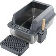 Pet Scene 20L Cat Litter Box Stainless Steel, Pet Cat Toilet Kitty High Sided Enclosure Metal Pan Tray Potty Easy Clean with Scoop & Filter & Pedal - Grey