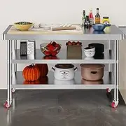 YUGXTH Stainless Steel Prep Table, Commercial Food Prep Worktable with Casters, Heavy Duty Work Table, Open Base Stainless Steel Kitchen Worktop, for Restaurant, Home and Hotelv(3layer,90x60x80cm)