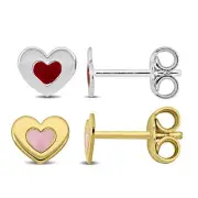 Amour Plated Sterling Silver Children's Heart Enamel Stud Earrings 2PC Set