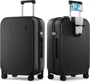 mixi Luggage with Cup Phone Holder Hard Shell Rolling Travel Suitcases with Spinner Wheels, Black, 20-inch