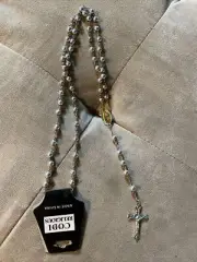 Silver tone Beaded Chain Rosary Beads Necklace Cross Crucifix Pendent