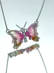 14K White Gold .09ctw Diamond and Pink & Orange Agate Butterfly Necklace