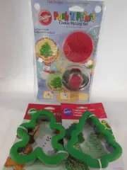 Wilton Push N Print Cookie Set Snowflake Snowman Tree +2 metal & silicone cutter