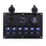 FOVAL12-24V Car Switch Panel Waterproof Digital Voltmeter Dual USB Port 12V Outlet Combination Marine LED Rocker 6 Gang