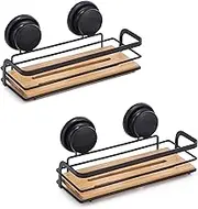CARLA HOME 2 Pack Corner Shower Caddy Shelf Basket Rack with Premium Vacuum Suction Cup No-Drilling, Rust Proof Stainless Steel and Bamboo Bathroom Shelf Shampoo Holder No Drilling (Rectangular)