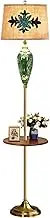 Modern Farmhouse Floor Lamp with Wood Table Metal Base White Linen Drum Shade Living Room Reading House Bedroom Standing Light(Brown)