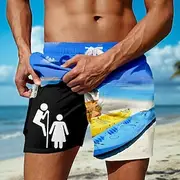 Men's Ocean Funny Surfboard Lined Shorts 2 in 1 Board Shorts Swim Shorts Mid Waist Hawaiian Vacation Holiday Beach Wear Side Pockets With Compression Liner Ela