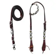 western Leather Equestrian Tooled Beaded Headstall,Breast Collar & Reins. (H075)