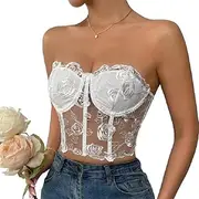 [Generic] Women's Embroidered Floral Corset Crop Top Strapless Tube Top Boned Mesh Bustier Clubwear