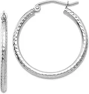 [JewelryWeb] 10k White Gold Sparkle Cut 2mm Round Tube Hoop Earrings 25mm Long 2mm Thick-Hoop Earring for Women