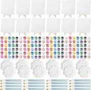 Qilery 12 Set Acrylic Paint Kit Mini Stretched Canvas with Easel, Acrylic Paints Strips, Brushes, Palette, Art Set for Kids Adults Classroom Birthday Party Favors(5.9 x 5.9 Inch)