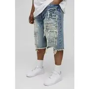 Mens Stonewash Plus Relaxed Fit Washed Paint Splatter Ripped Jorts
