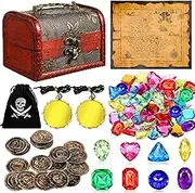 88 Pcs Pirate Treasure Chest for Kids Antique Color Big Treasure Chest Pirate Box Treasure Hunt Pirate Map Gold Coins Necklaces Gems for Pirate Themed Party Favors(Vintage Style)