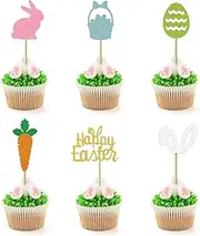 Qaziuy 24 Pcs Multicolored Easter Bunny Cupcake Toppers, Cake Toppers for Easter Party Supplies