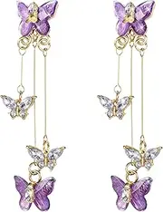 [TIESOME] Purple Butterfly Tassel Earrings, Zircon Crystal Rhinestone Drop Earrings 3D Long Butterfly Earrings Animal Drop Dangle Charm eardrop for Women, Metal, No Gemstone
