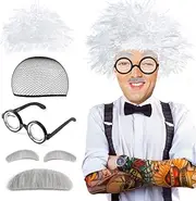 Beelittle Old Man Costume Mad Scientist Wig Set Albert Einstien Ben Benjamin Franklin Grandpa Costume, C, one size fits all