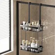 Over Shower Door Caddy, Rustproof Hanging Organizer With 2-Tier Rack and Hooks, Holds Body Wash, Shampoo, Soap, Razor, Towel, Bathroom Shower Storage Rack Basket, Black