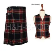 Men's Scotland Highland 5 Yard Black Stewart Tartan Kilt & Waistcoat Outfit
