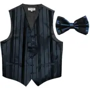 New formal men's tuxedo vest waistcoat & bowtie vertical stripes navy blue prom