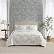 [Laura Ashley] Full/Queen Quilt Set, Super Soft & Breathable Embroidered Bedding with Matching Sham(s), Floral Home Decor (Floral Embroidery Blue, Full/Queen)
