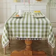 Laolitou Checkered Tablecloth Rectangle Washable Heavy Duty Buffalo Plaid Table Cloth with Tassel Cotton Linen Gingham Table Cover for Spring Picnic Kitchen Dining Room, Green, 55 Inch