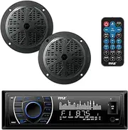 Pyle Bluetooth Marine Stereo Receiver & Speaker Kit | AM/FM Radio Headunit with Wireless Streaming | Hands-Free | (2) Waterproof Speakers | MP3 USB SD AUX | Single DIN | 4 x 75 Watt (PLMRKT46BK)