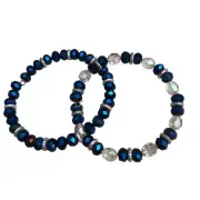 Beaded Bangle Bracelets Pair Handmade Blue