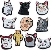 [Sparkle Narcissus] Cat Meme Charms 10 pcs Cute Shoe Decoration for Women, Men, Teens, and Kids, Clog Accessories Funny Animal Variety Pack, Polyvinyl Chloride, No Gemstone