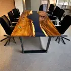 Rectangle Epoxy Dining Table Live Edge Wooden with Iron Legs Handmade Furniture