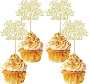 Ephlyn 24Pcs 2025 Happy New Year Cupcake Toppers Glitter Fireworks Hello 2025 Cupcake Picks for Cheers to 2025 Happy New Year Eve Theme Holiday Party Cake Decorations Supplies Gold