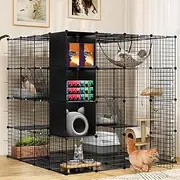 Advwin Large Cat Cage with Storage Cube 147 x 147 x 147cm, 4 Tiers Cat Kennel DIY Indoor Catio Cats Enclosures, Metal Cat Playpen with Large Hammock for 1-4 Kittens
