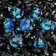 HiLLeo DND Dice Set 7pcs Elegant Quicksand Liquid Core Sharp Edge Handmade D&D Dice Set for Dungeons and Dragons RPG MTG Role Playing Games Tabletop Games with Dice Box (Black and Blue)
