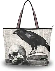 [YMXFXP] Raven Skull Book Gothic Tote Bag for Women Durable Designer Handbag with Zipper for Daily Use L