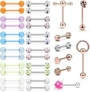[SCERRING] 14G Tongue Rings Stainless Steel Rose Skull Bioflex Flexible Acrylic Tongue Nipple Ring Body Piercing Jewelry Retainer 32PCS