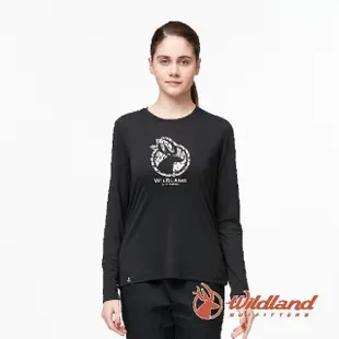 【Wildland 荒野】女 彈性LOGO印花抗UV長袖上衣-黑色 0A91617-54(休閒上衣/圓領上衣/薄長袖)
