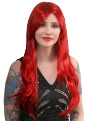 Bree Long Bright Red Wavy Womens Costume Wig with Side Fringe