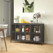 Storage Cabinet with 3 Glass Doors,Modern Metal Black Accent Cabinet,Sideboard Buffet Cabinet with Shelves,Steel Freestanding Sideboard Storage Cabinet for Living Room,Dining Room,Kitchen,Bedroom