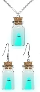 [Yeesabella] Glow in Dark Ghost Cute Ghost in a Bottle Necklace Earrings，Halloween Ghost Costume Accessories，Gothic Adopt A Ghost Necklace Earrings, 0, non, 0