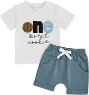 [Bonangber] Baby Boy First Birthday Outfit Letters Printed Short Sleeve Shirt Tops Shorts Set Cute Cake Smash Outfit