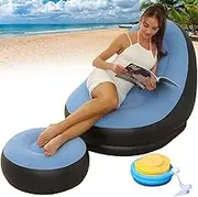 Inflatable Sofa, Inflatable Chair & Footstool with Foot Pump and Flocked Finish, Easy 3 Minute Inflation, Portable Inflatable Sofa Blow Up Chairs for Indoor Outdoor Party Beach Travel Light Blue