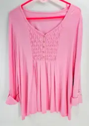 Kim Rogers NWT Top Pullover PXL Womens Pink Quarter Button Front Roll Up Sleeve