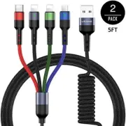 USAMS Fast Charging 4 in 1 Coiled Data Charger Cable For Samsung iPhone Android