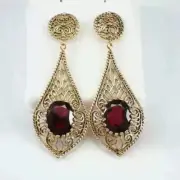 4.0.Ct Oval Cut Created Red Garnet Drop Dangle Earrings 14K Yellow Gold Plated