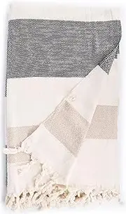 Bersuse 100% Cotton - Aspendos Extra Large (XL) Throw Blanket - Beach Towel - Sofa Bed or Couch Cover - 60 x 90 Inches, Black-Beige