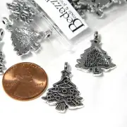 20 Antique Silver 1 inch Whimsy Decorated Christmas Tree Charms with 1.5mm Hole
