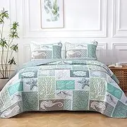 Heymybed Coastal Quilt Set King Size Beach Coverlet Sage Green Starfish Coral Seashell Bedspread Ocean Beach Themed Bed Cover Microfiber Soft Lightweight Bedding Sets for All Seasons (106"×92")
