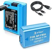 Artman NP-FW50 Battery 1500mAh 2 Pack with Type-C Fast Two-Ended Direct Charging Port for Sony ZV-E10, Alpha A6000 A6100 A6300 A6400 A6500 A6500 A5000 A5100 A7 A7II A7R A7RII A7S A7SII RX10 II Cameras