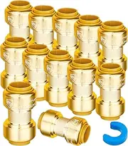 [WHK] 12 Pack 1/2" Push-to-Connect Plumbing Fittings,Straight Push Fittings 1/2,Pushfit Coupling Kit with 1/2" Disconnect Clip,Brass Push Fit Connector for Copper, PEX, CPVC Pipe(Certificate)