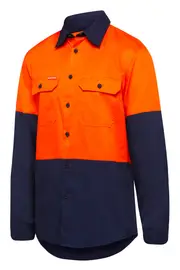 3 X Hard Yakka Basic 2 Tone Long Sleeve Vented Drill Shirt Orange Navy